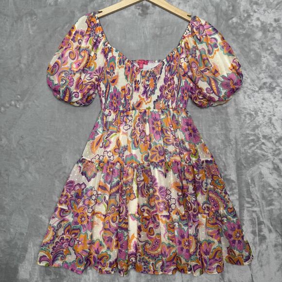 Flying Tomato Dress Womens Medium Floral Puff Sleeve Tiered Boho Festival Spring - Picture 1 of 13